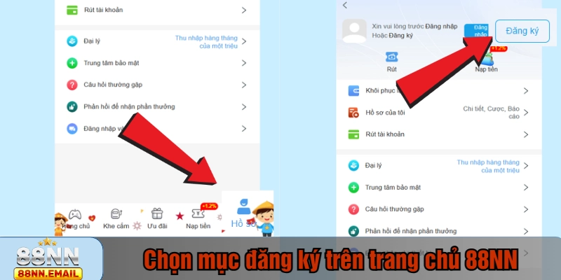 Chọn mục đăng ký trên trang chủ 88NN
