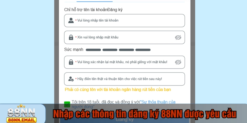 Nhập các thông tin đăng ký 88NN được yêu cầu